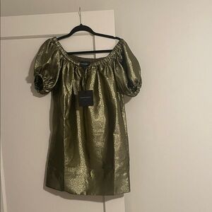 Cynthia Rowley Shimmering Olive Puff Sleeve Blouse